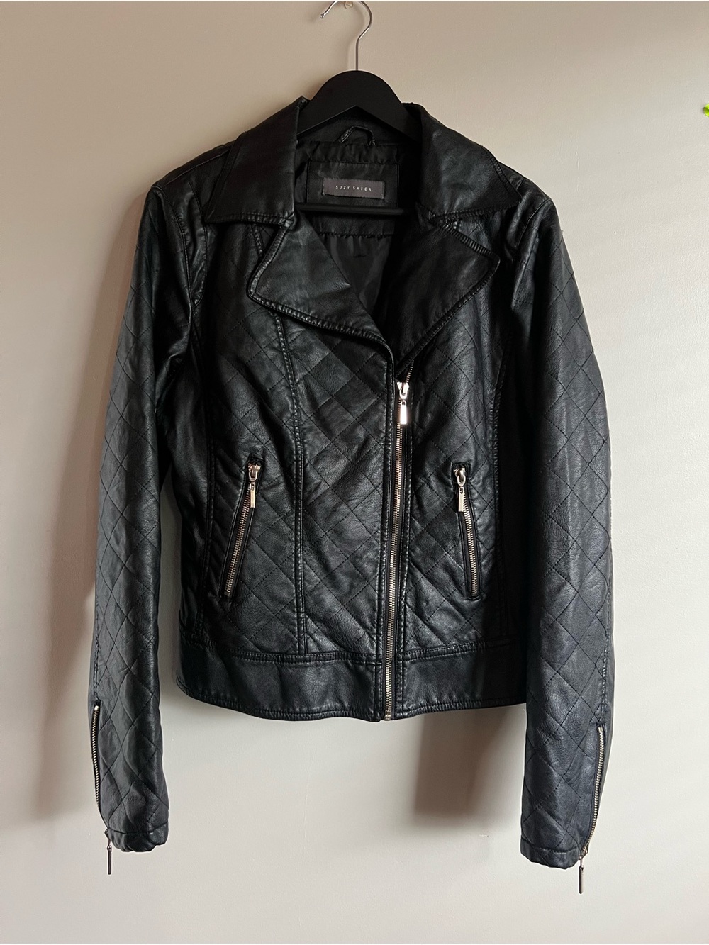 Suzy Shier Quilted Faux Leather Moto Jacket Black Biker Zip Front XL Bikercore